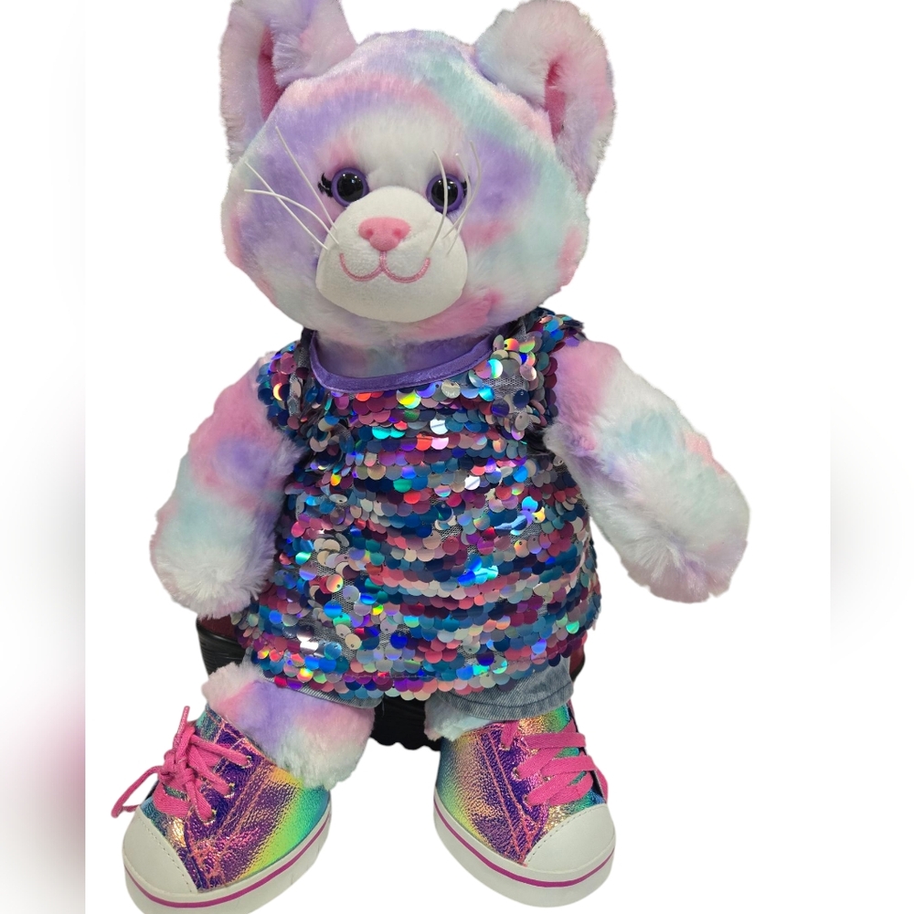 Build A Bear Colorful Kitty Cat Plush Stuffed Animal 16" BABW Pink Purple White